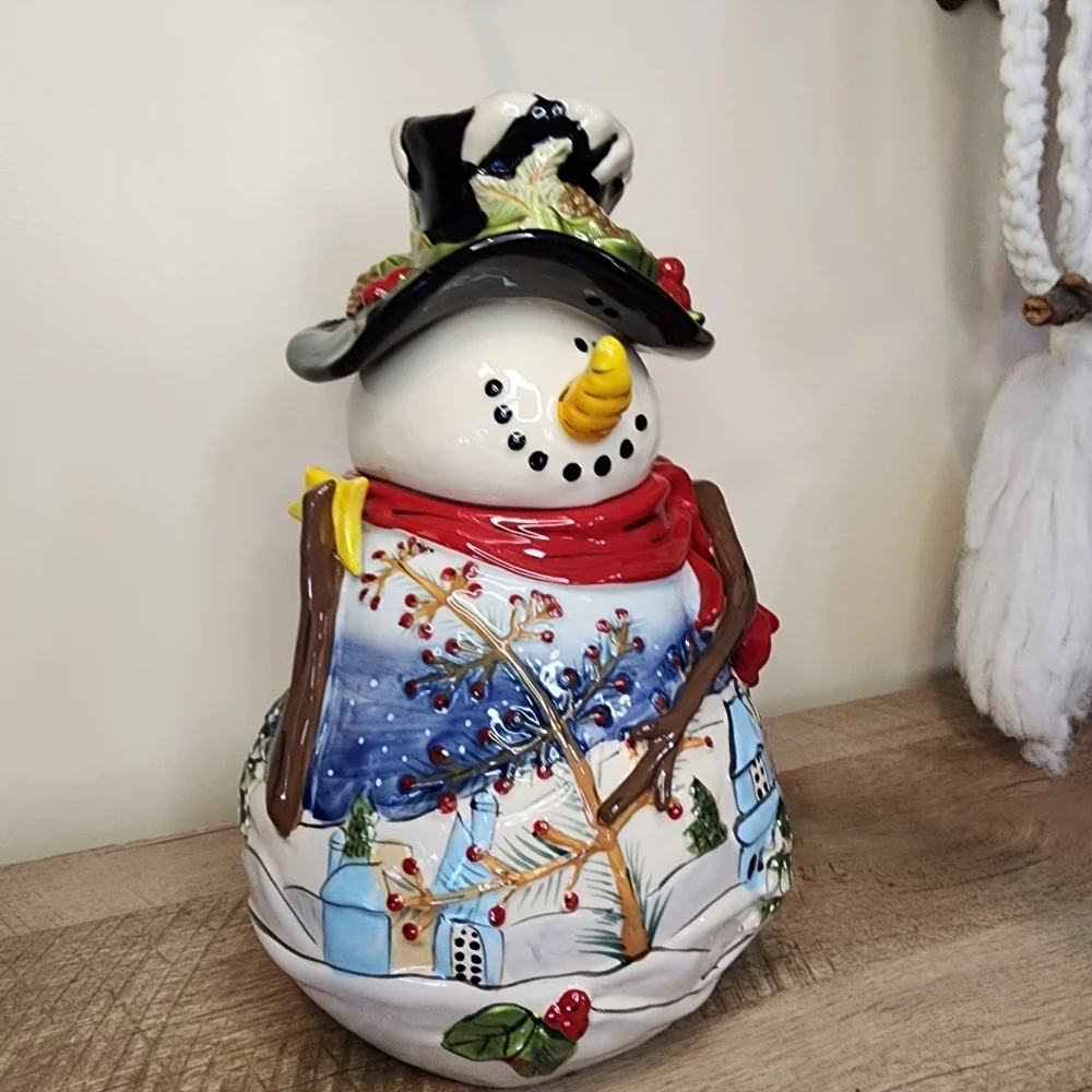 Blue Sky Heather Goldminc Ceramic Snowman Cookie Jar Night Before Christmas EUC